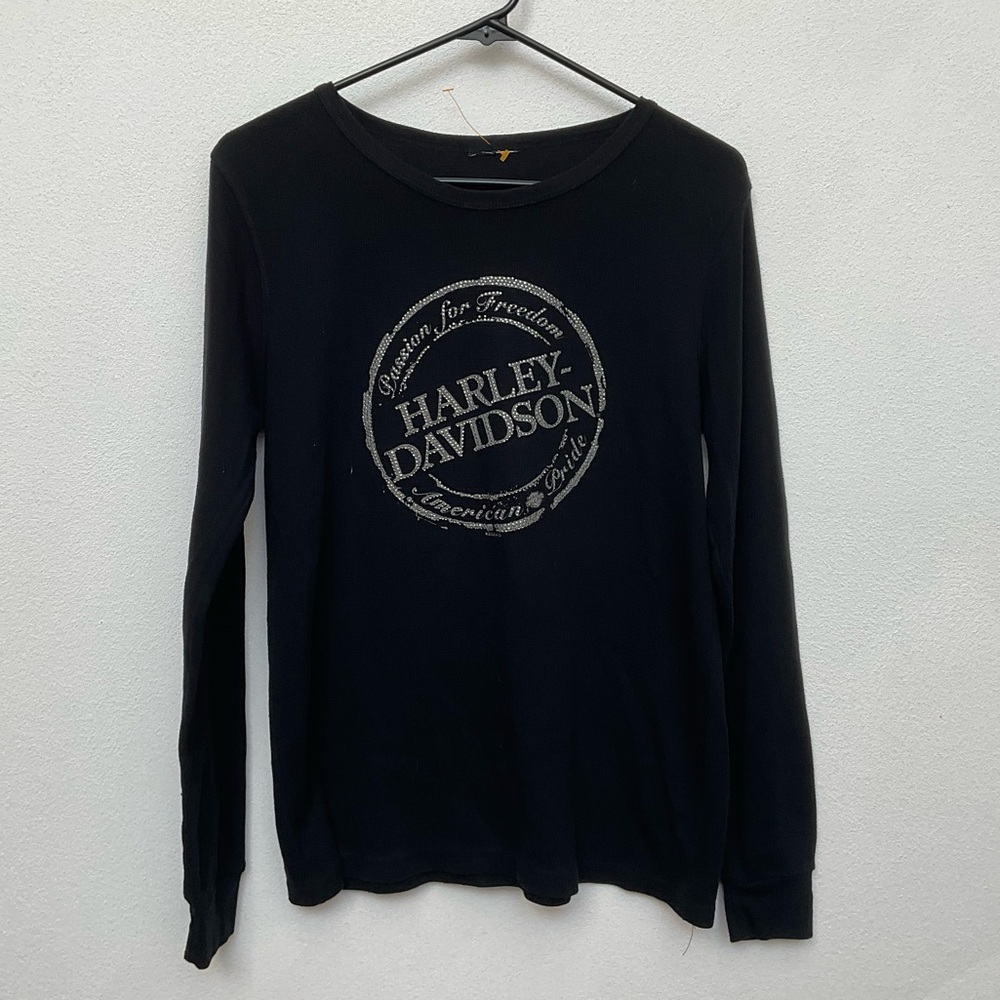 Harley-Davidson Black Bedazzled Waffle Knit Long Sleeve Size Large Passion